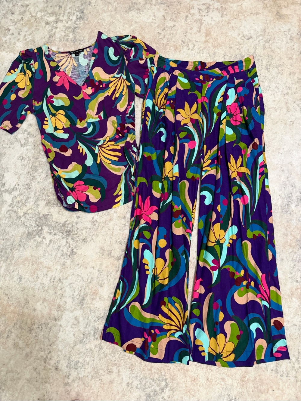 INC Purple Floral top and wide leg pull on pants in Vibrant Multi-Color Print